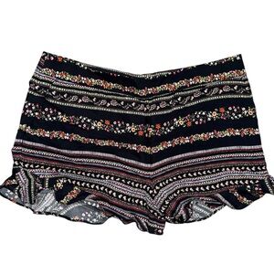 LOFT Black Floral Stripe Ruffle-Hem Shorts